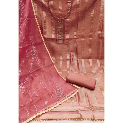 Peach Sequins Hand Embroidery Organza Dress Material - Image 2