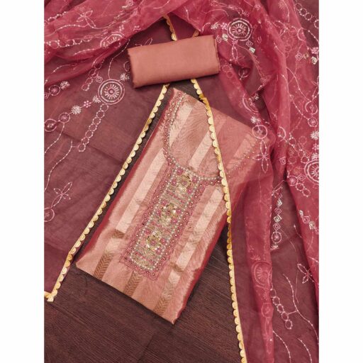Peach Sequins Hand Embroidery Organza Dress Material - Image 3