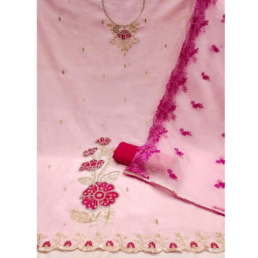 Pink Floral Hand Embroidered Cotton Silk Dress Material - Image 2
