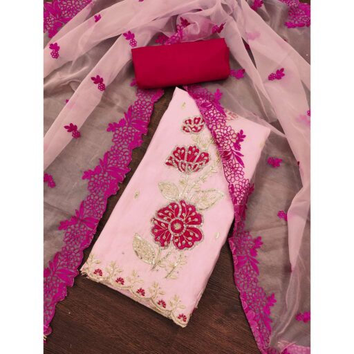Pink Floral Hand Embroidered Cotton Silk Dress Material - Image 3