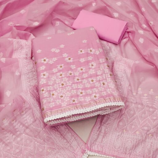 Pink Floral Woven With Hand Embroidered Muslin Dress Material