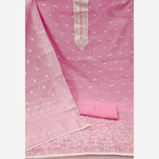 Pink Floral Woven With Hand Embroidered Muslin Dress Material - Image 2