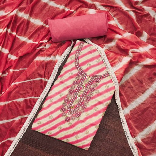 Pink Printed With Hand Embroidered Pure Cotton Dress Material - Image 3
