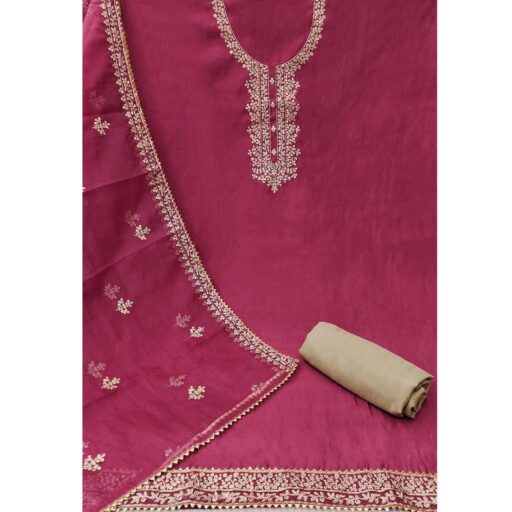 Pink Sequins Embroidered Cotton Silk Dress Material - Image 2