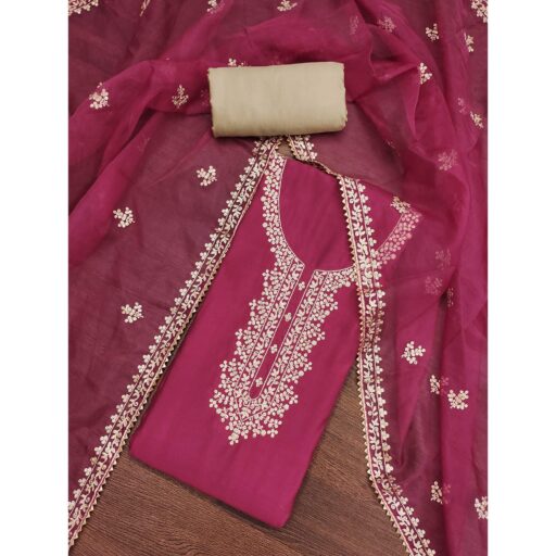 Pink Sequins Embroidered Cotton Silk Dress Material - Image 3