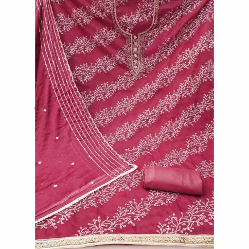 Pink Sequins Embroidery With Handwork Organza Dress Material - Image 2