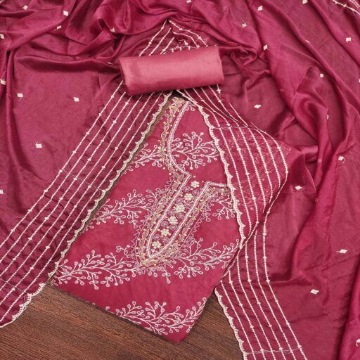 Pink Sequins Embroidery With Handwork Organza Dress Material - Image 3