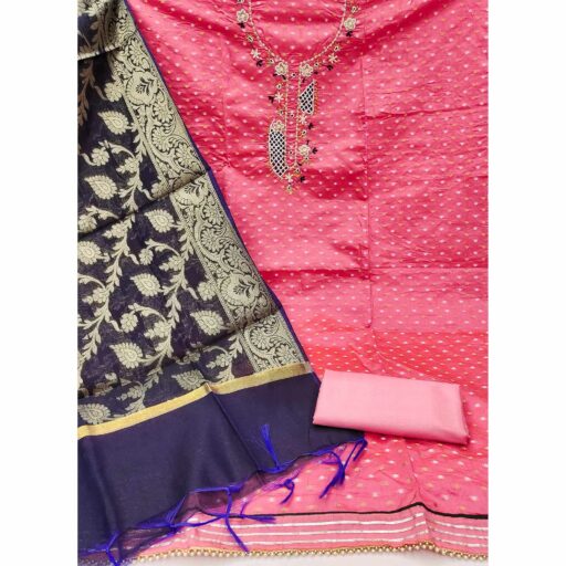 Pink Woven With Hand Embroidery Chanderi Dress Material - Image 2