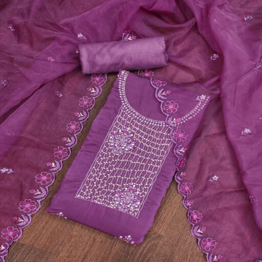 Purple Floral Embroidery With Handwork Roman Cotton Silk Material