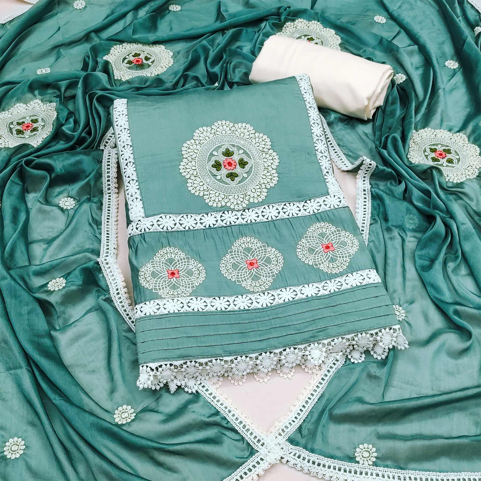 Rama Blue Floral Embroidered Cotton Silk Dress Material