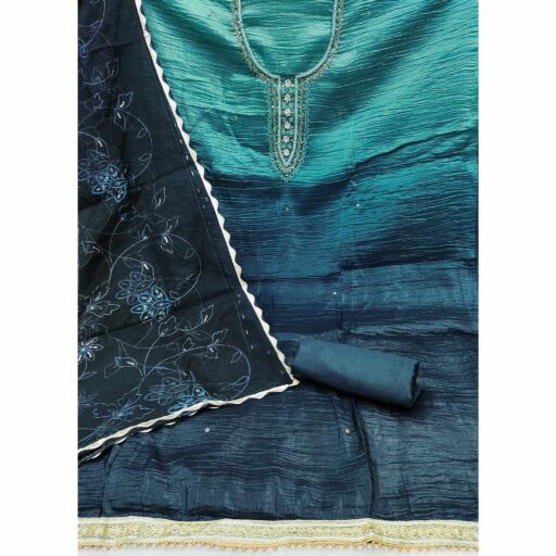 Rama Blue Floral Handwork Viscose Dress Material - Image 2