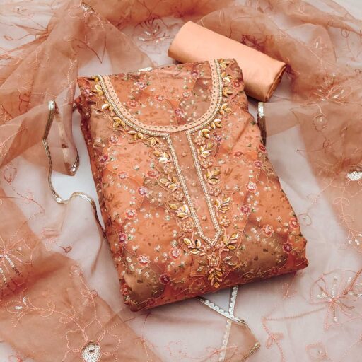Rust Floral Sequins Embroidery With Handwork Organza Dress Material