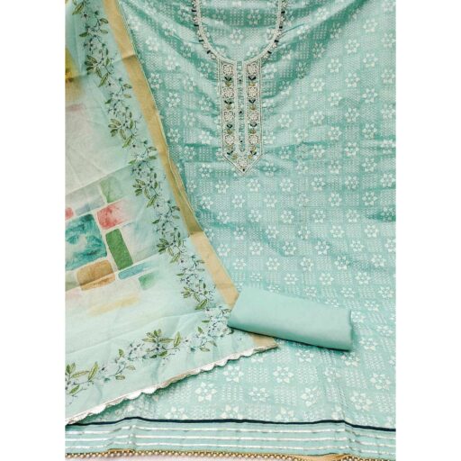 Turquoise Floral Printed With Hand Embroidery Chanderi Dress Material - Image 2