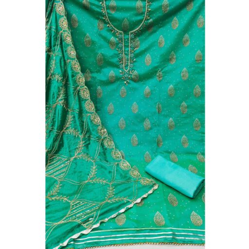 Turquoise Printed With Hand Embroidered Chanderi Silk Dress Material - Image 2