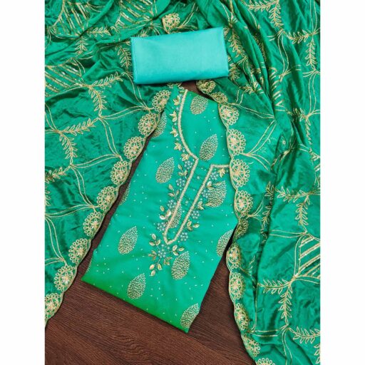 Turquoise Printed With Hand Embroidered Chanderi Silk Dress Material - Image 3