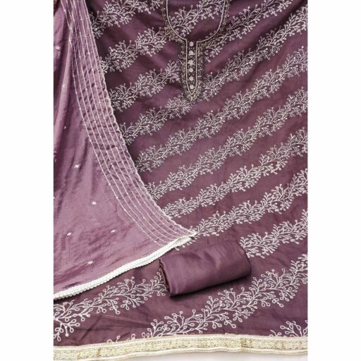 Wine Sequins Embroidery With Handwork Organza Dress Material - Image 2