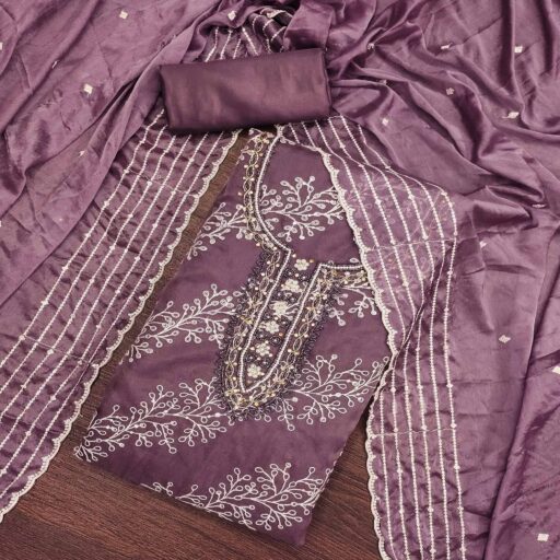 Wine Sequins Embroidery With Handwork Organza Dress Material - Image 3