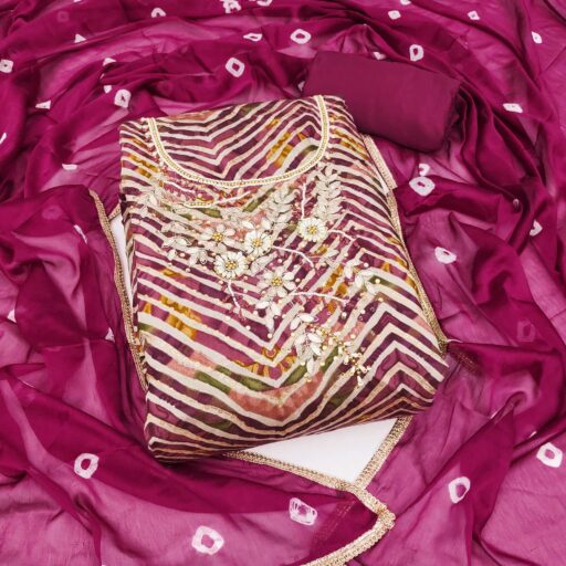 Wine Zig Zag Printed With Floral Handwork Roman Cotton Silk Dress Material
