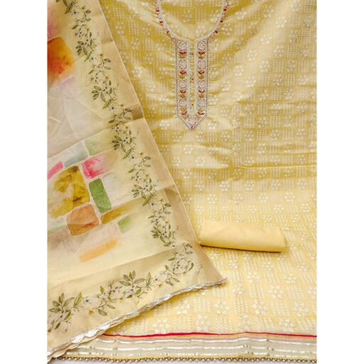 Yellow Floral Printed With Hand Embroidery Chanderi Dress Material - Image 2