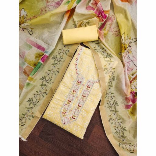 Yellow Floral Printed With Hand Embroidery Chanderi Dress Material - Image 3