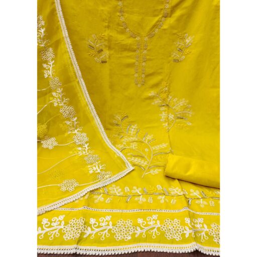 Yellow Floral Sequins Embroidery With Handwork Cotton Silk Dress Material - Image 2