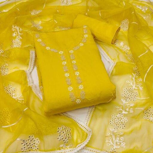 Yellow Floral Sequins Embroidery With Handwork Cotton Silk Dress Material - Image 3