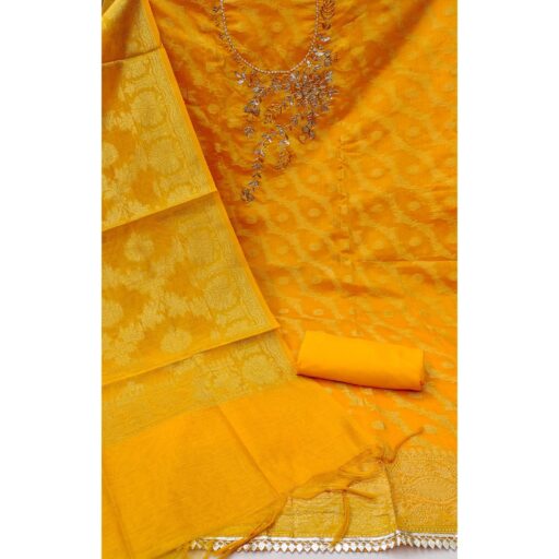 Yellow Woven With Hand Embroidered Chanderi Silk Dress Material - Image 2