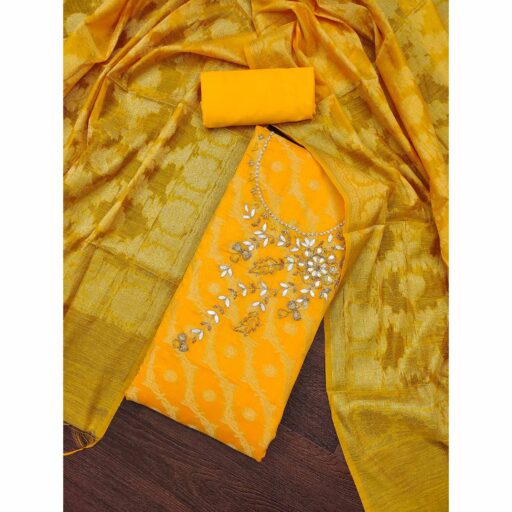 Yellow Woven With Hand Embroidered Chanderi Silk Dress Material - Image 3