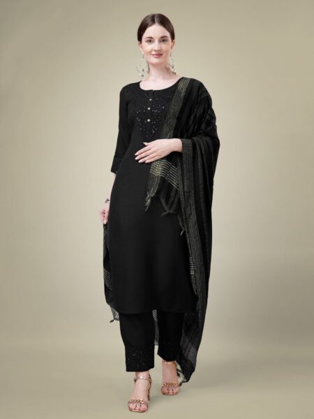 Black Fully Stitched Cotton Blend Kurti Pant Dupatta Design No 1111