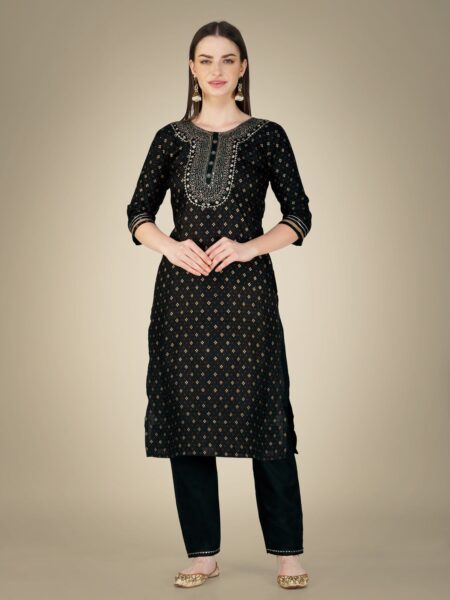 Black Fully Stitched Cotton Magic Slub Kurti Pant Dupatta Design No 1117