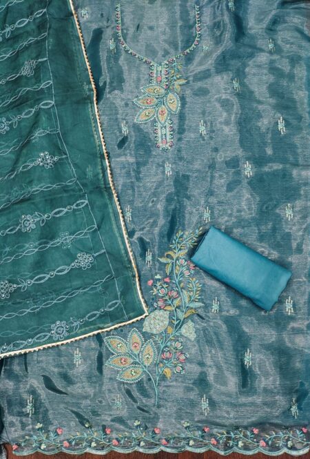 Blue Barbarik Silk With Organza Work Dupatta Dress Material - Image 2