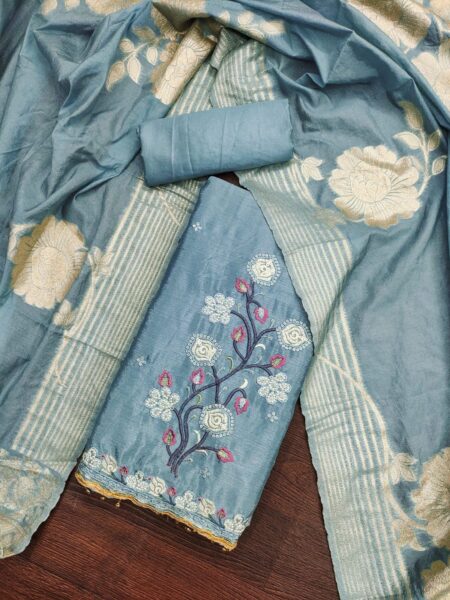 Blue Chinon Silk With Fancy Jacquard Dupatta Dress Material