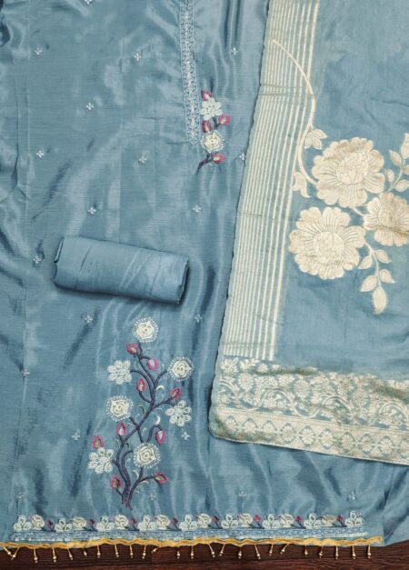 Blue Chinon Silk With Fancy Jacquard Dupatta Dress Material - Image 2