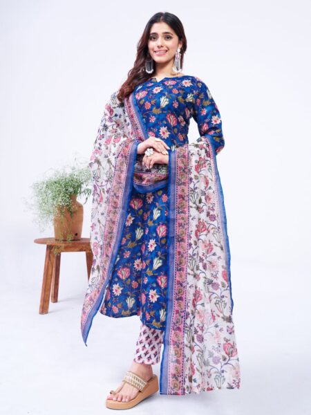 Blue Fully Stitched Cotton Kurti Pant Dupatta Design No 2008