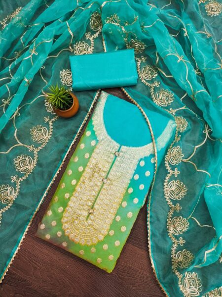 Blue Organza Jacquard Lahriya With Gota Patti Dupatta Dress Material