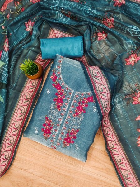 Blue Premium Barbarik With Work And Chanderi Cotton Digital Print Dupatta Dress Material