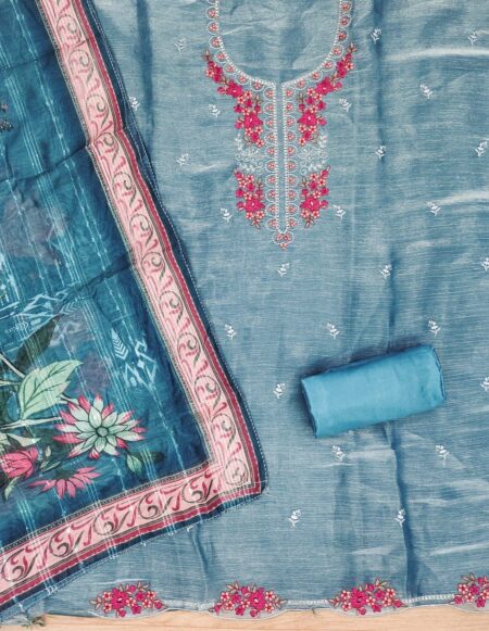 Blue Premium Barbarik With Work And Chanderi Cotton Digital Print Dupatta Dress Material - Image 2