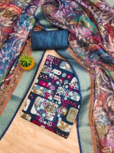 Blue Premium Cotton Foil Print With Embroidered Work And Chinnon Dupatta Dress Material
