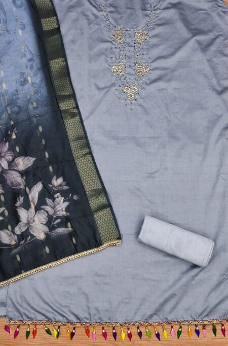 Blue Premium Roman Silk With Hand Work And Fancy Jacquard Digital Print Dupatta Dress Material - Image 2