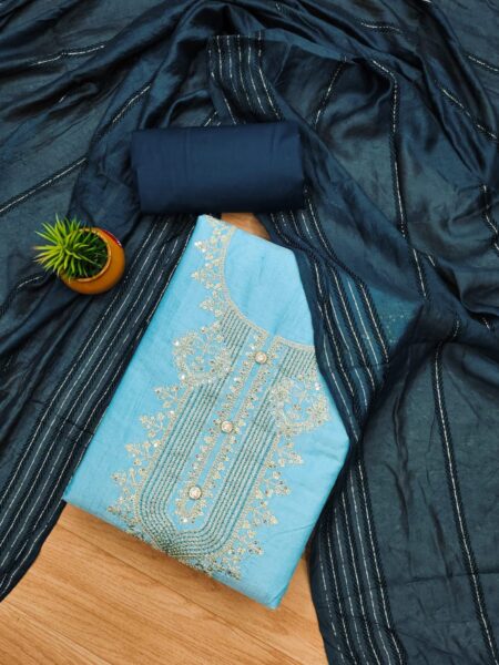 Blue Rayon Slub 2-Tone With Codding Work And Banarasi Jacquard Dupatta Dress Material