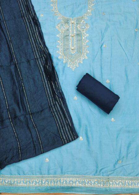 Blue Rayon Slub 2-Tone With Codding Work And Banarasi Jacquard Dupatta Dress Material - Image 2