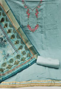 Blue Roman Silk PV Chanderi With Organza Jacquard Print Dupatta Dress Material - Image 2