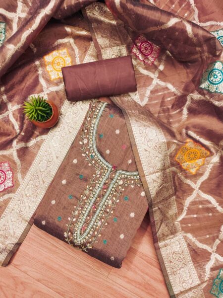 Brown Premium Simmar Jacquard With Handwork And Matching Dupatta Dress Material