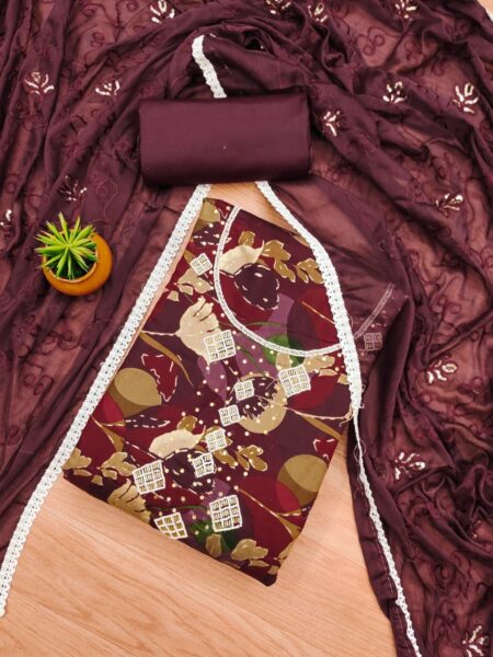 Brown Pure Cotton With Hand Work And Chinnon Work Dupatta With 4-Side Border Dress Material