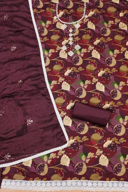 Brown Pure Cotton With Hand Work And Chinnon Work Dupatta With 4-Side Border Dress Material - Image 2