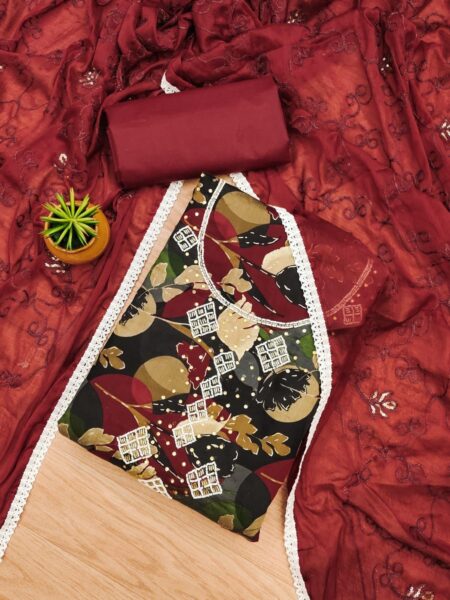 Burgundy Pure Cotton With Hand Work And Chinnon Work Dupatta With 4-Side Border Dress Material