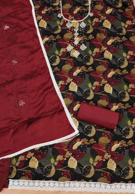 Burgundy Pure Cotton With Hand Work And Chinnon Work Dupatta With 4-Side Border Dress Material - Image 2