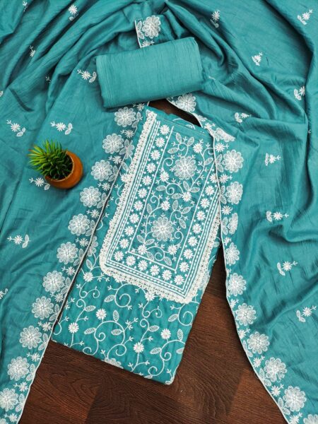 Cyan Parampara Silk Lakhnavi Work With Matching Silk Dupatta Dress Material