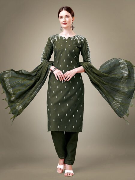 Dark Green Fully Stitched Cotton Blend Kurti Pant Dupatta Design No 1113