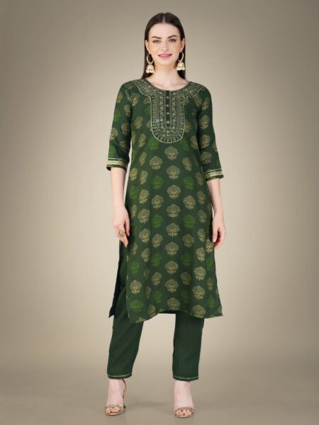 Dark Green Fully Stitched Cotton Magic Slub Kurti Pant Dupatta Design No 1117